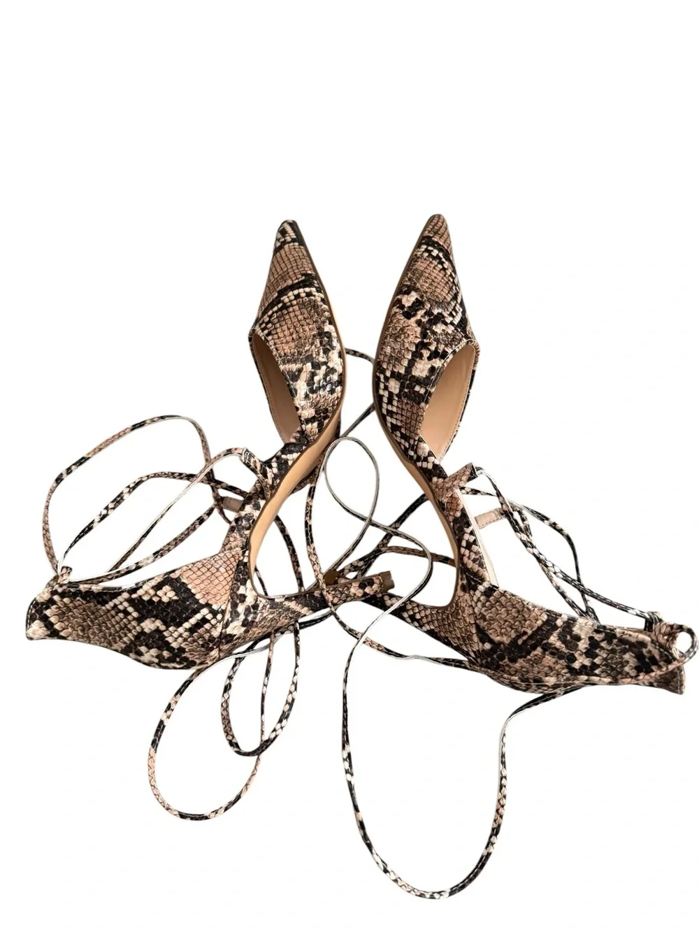 Lulus Marie Tan Snake Print Lace-Up Heels size 7.5